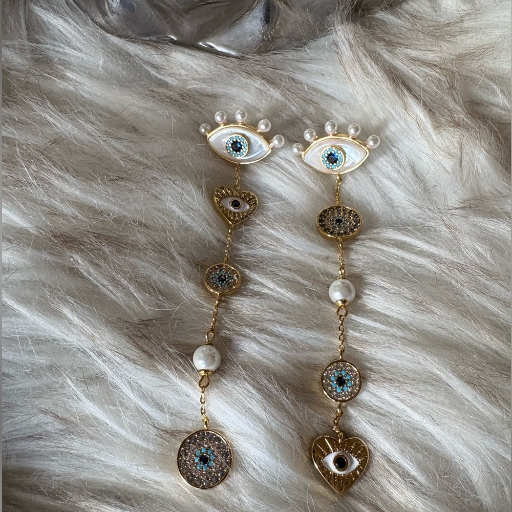Kate Spade Elegant Gold Eye Drop Earrings with Pearls and Crystal Details